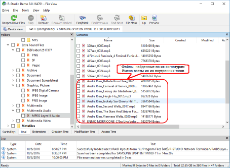 Files found by their file signatures. File names are taken from file inner tags
