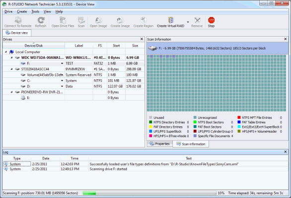 Creazione di un tipo di file noto personalizzato per R-Studio: avanzamento scansione disco