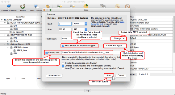 Disk scan dialog box and scan parameters