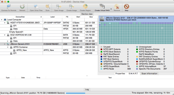 Exploración de disco en progreso para el dispositivo SSD