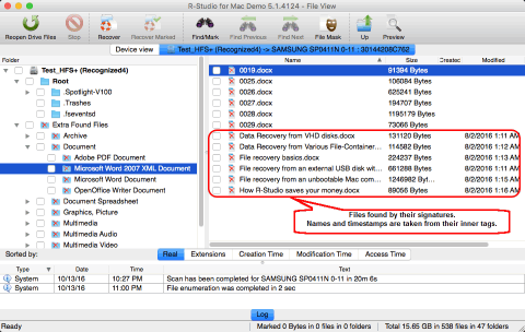 Files and folders found on the erased disk