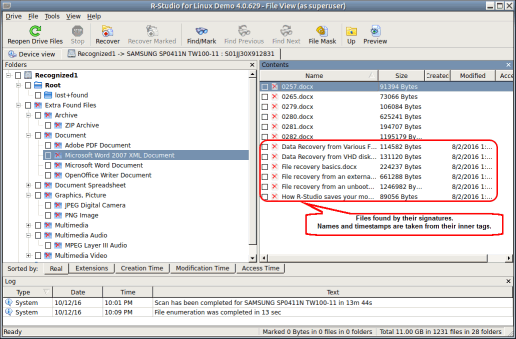 Files and folders found on the reformatted disk