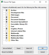 Caixa de diálogo Known File Types