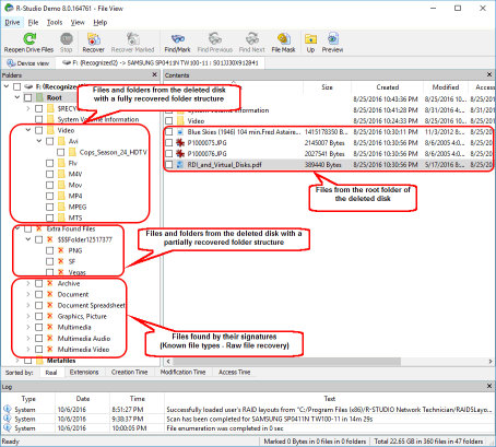 Files and folders found on the deleted disk