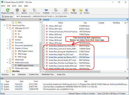 Files found by their file signatures. File names are taken from file inner tags