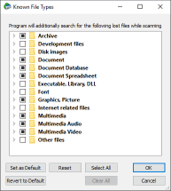 Boîte de dialogue Types de fichiers connus