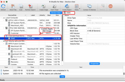 Apple disk image loaded into R-Studio for Mac