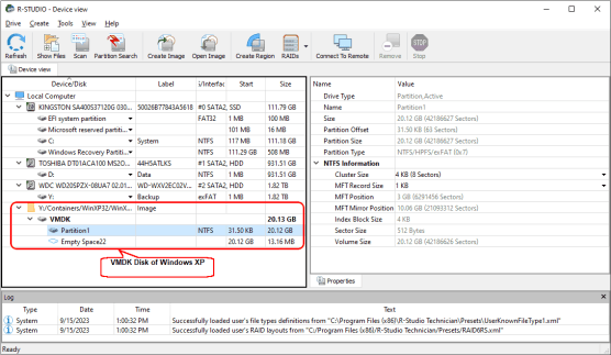 A VMDK disk of a Windows XP virtual machine opened in R-Studio Standalone