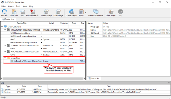 Windows 11 Disk created by Parallels Desktop for Mac opened in R-Studio Standalone