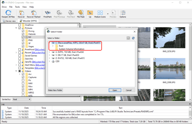 Параметры восстановления: внешний USB-накопитель для хранения восстановленных файлов