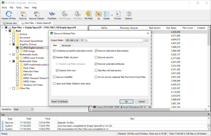 Параметры восстановления