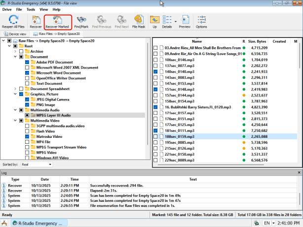 Files marked for recovery