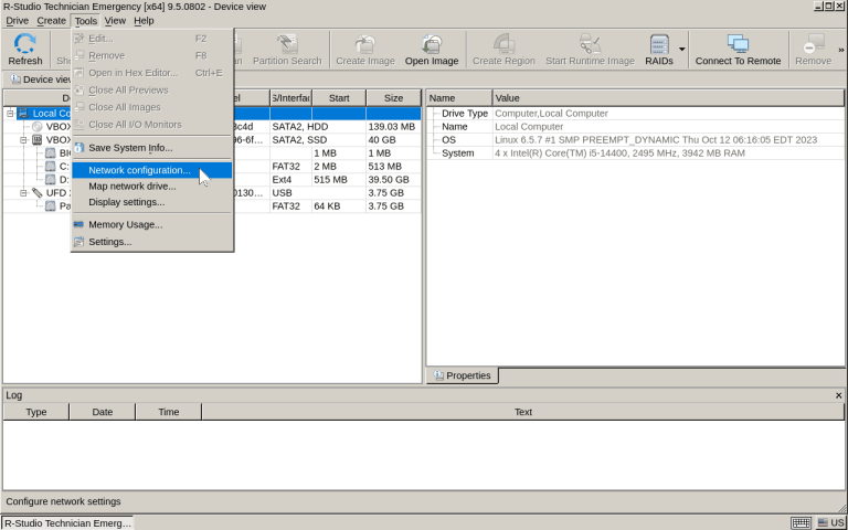 Network configuration menu item