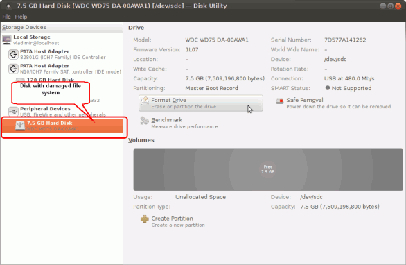 ดิสก์ภายนอกที่มีระบบไฟล์ที่เสียหายใน Linux Utility (Ubuntu) Disk Utility