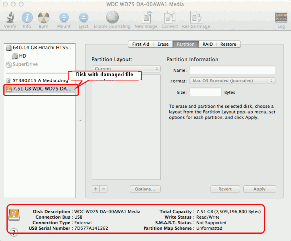 Eine externe Festplatte mit einem beschädigten Dateisystem im Mac OS X Disk Utility