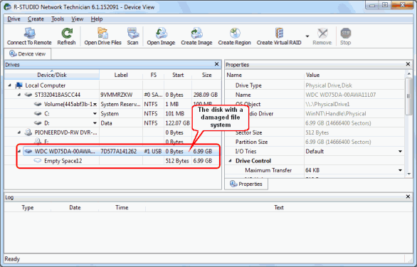 The external disk with a damaged file system in R-Studio