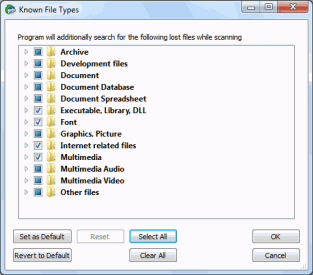 Boîte de dialogue Types de fichiers connus