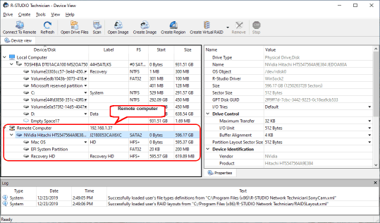 ローカルネットワーク経由でMacminiコンピューターに接続されている R-Studio Technician