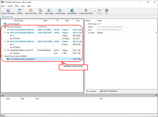 R-Studio Technician connected to a remote Linux server over the Internet