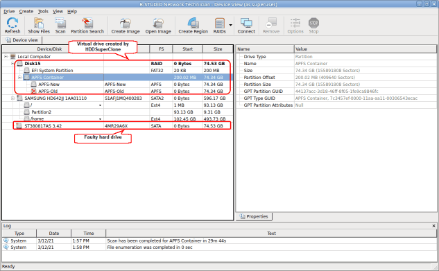 Disco rígido com defeito e seu drive virtual criado por HDDSuperClone no R-Studio