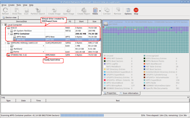 Proces skanowania wirtualnego dysku utworzonego przez HDDSuperClone