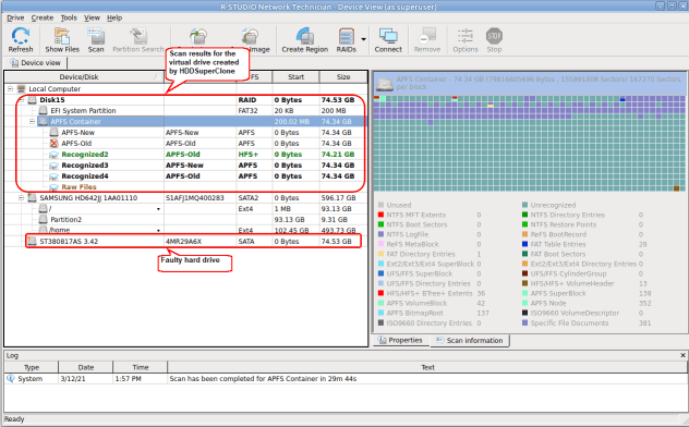 Résultats du scan pour le lecteur virtuel créé par HDDSuperClone