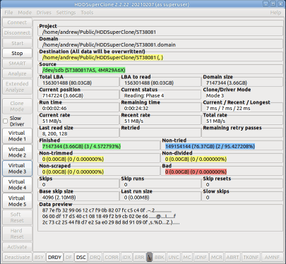 HDDSuperClone connected to the source drive