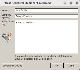 Please Register R-Studio for Linux Demo window