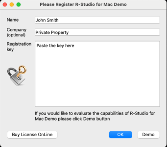 Please Register R-Studio for Mac Demo window