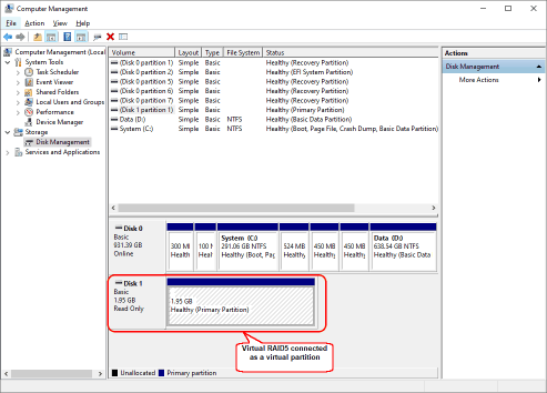 Połączona wirtualna partycja w Menedżerze Dysków systemu Windows