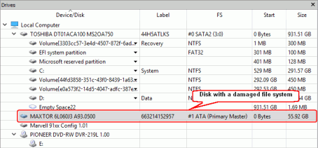 Disque avec un système de fichiers endommagé dans R-Studio