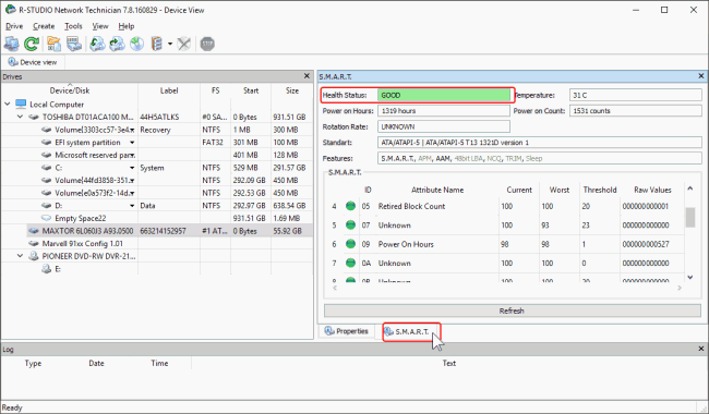 S.M.A.R.T. attributes for the disk with a damaged file system