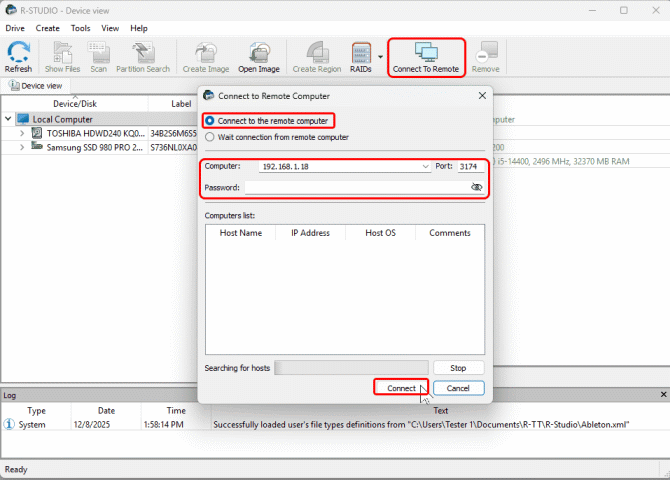 Establishing a connection between R-Studio and R-Studio Agent Emergency