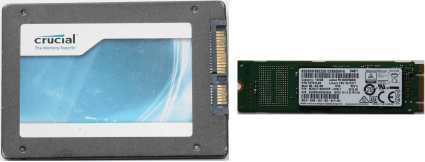 Two form-factors of SSD storage devices: 2.5" (left) and M.2 (right)