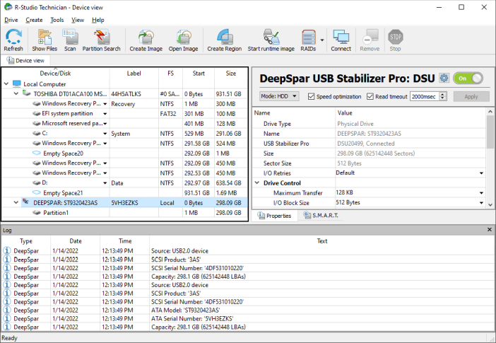 DeepSpar USB Stabilizer и R-Studio Technician