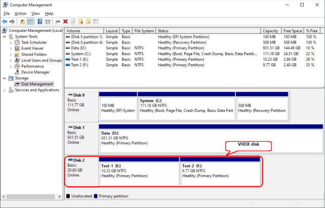 Initial partition layout in the VHDX disk