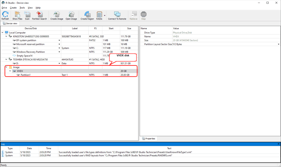 The VHDX disk opened in R-Studio