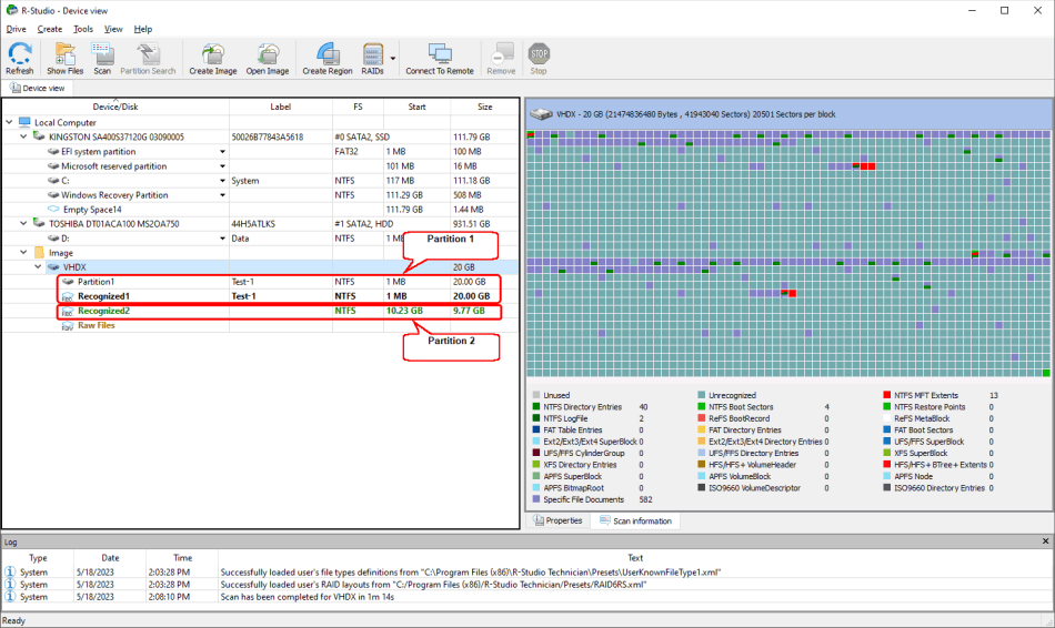 Scan result of the opened VHDX file