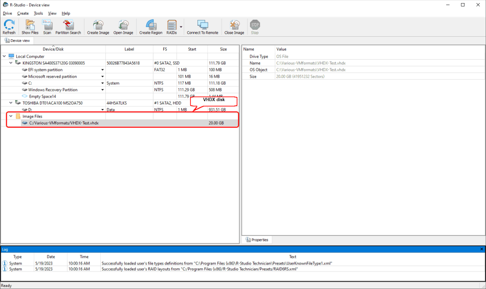 The VHDX disk opened in R-Studio