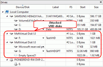 Disques VHD attachés dans le panneau Lecteurs de R-Studio