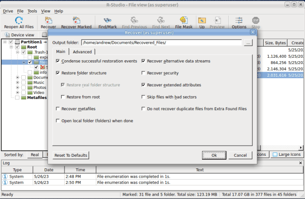 File recovery parameters