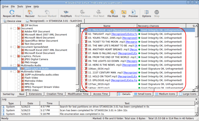 Files marked for recovery