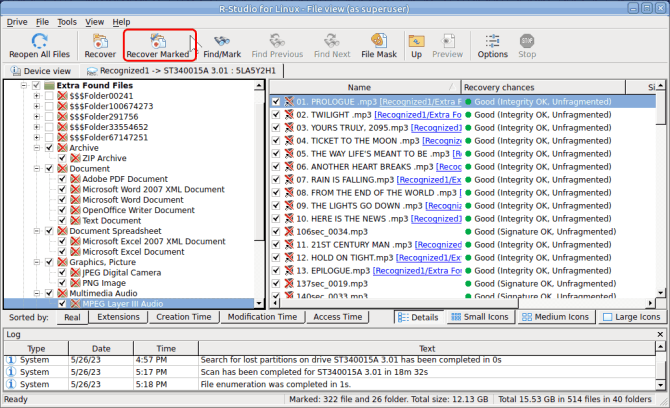 Files marked for recovery