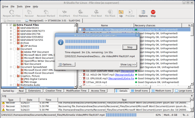 Progresso del recupero dei file