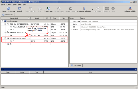 Een harde schijf aangesloten via de PC-3000 UDMA-kaart in R-Studio