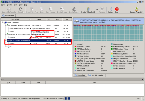 Le disque dur PC-3000 en cours d'analyse