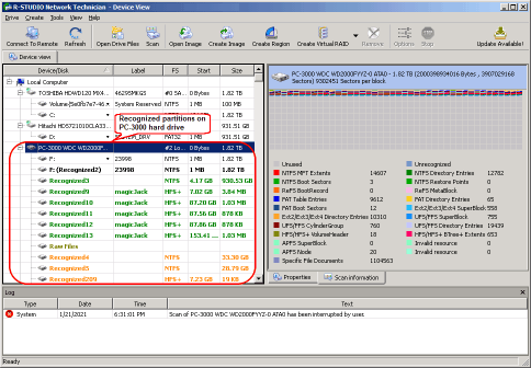 Resultado de la exploración para el disco duro PC-3000