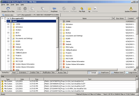 Files and folders found on the PC-3000 hard drive