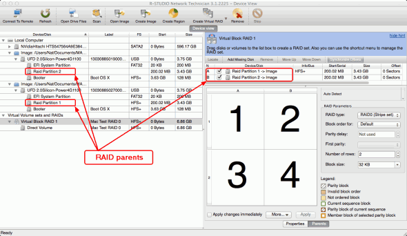 Parametry i układ macierzy RAID dla domyślnego programowego zestawu pasków utworzonego w systemie Mac OS X