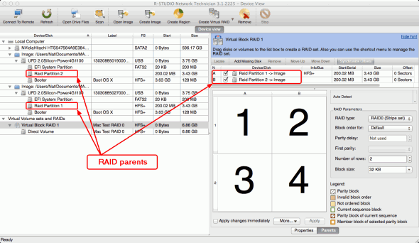 RAID parameters and layout for a default software stripe set created in Mac OS X